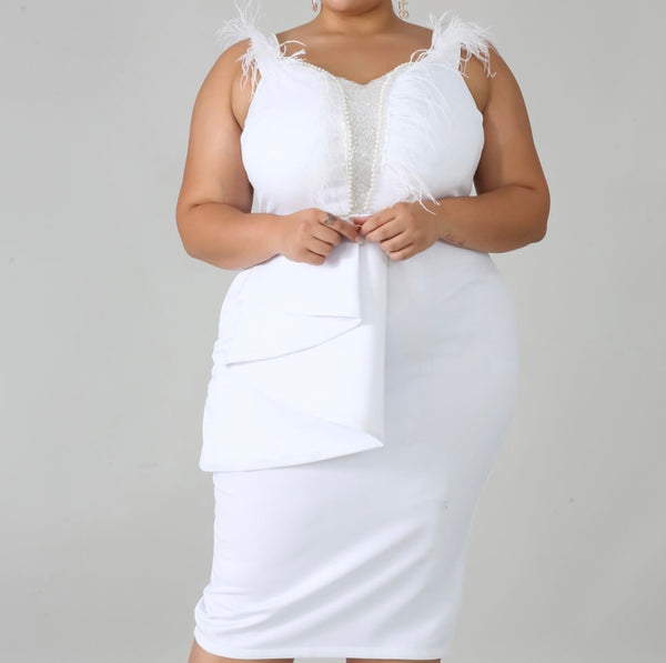 High Quality White Plus Size Feather Bodycon Dress