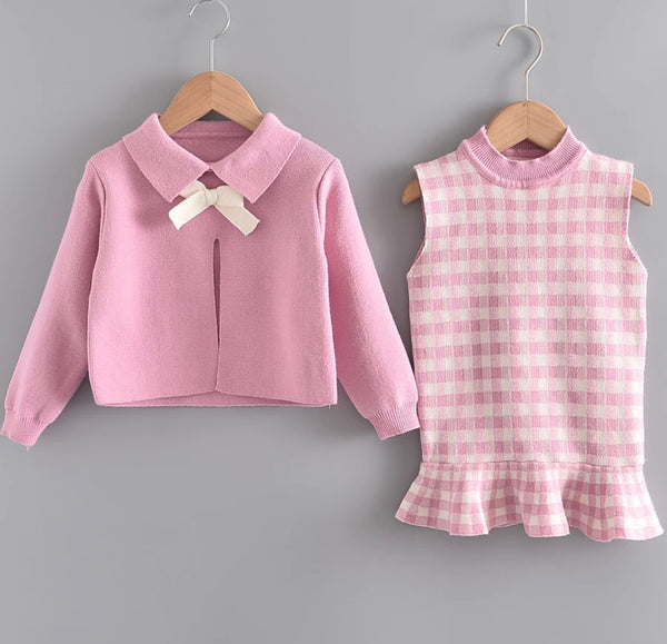 White Bow Pink Dress Set for Girls