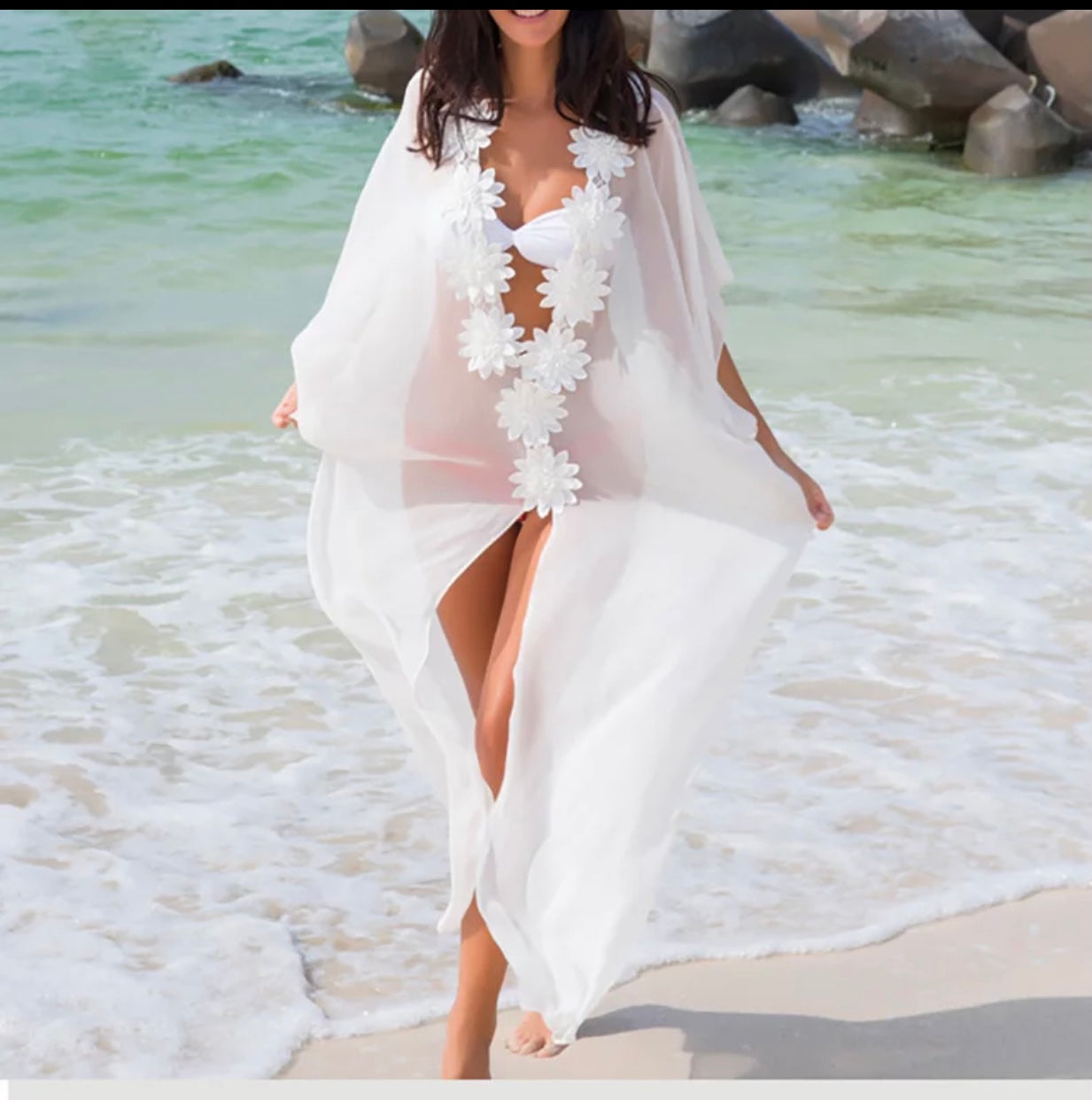 Flowery White Tunic Beach Cover Up